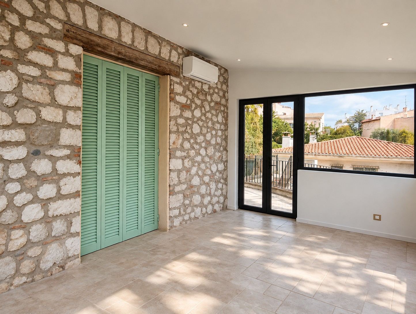 Le mur d'origine reste apparent à l'intérieur, avec son linteau bois et ses volets verts.