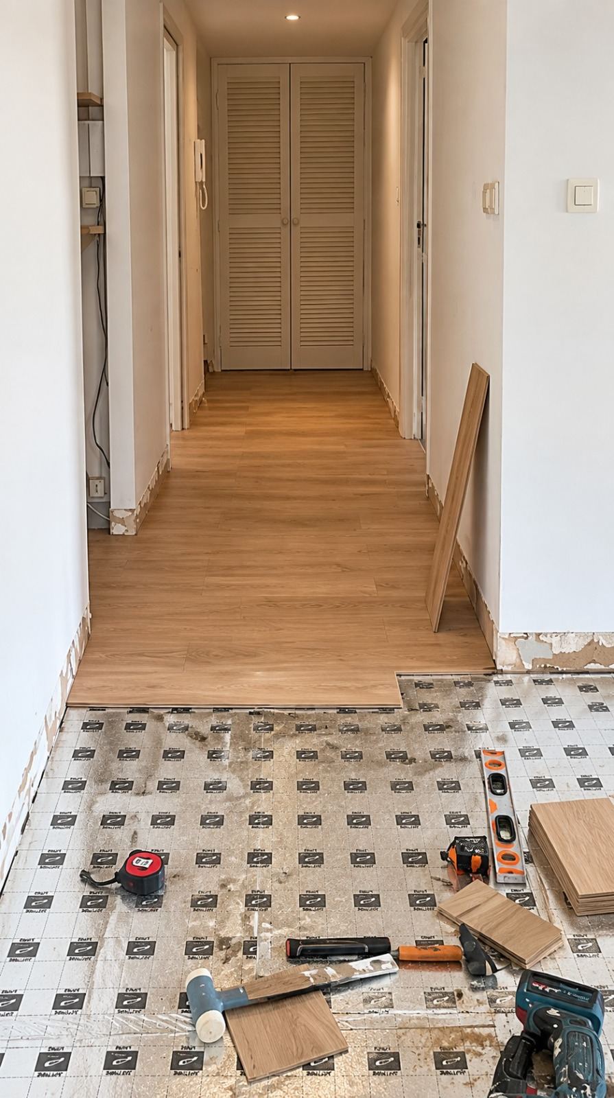 Dans l'entrée, la sous-couche acoustique est posée bord à bord et scotchée avant les lames : c'est elle qui amortit les bruits de pas vers l'appartement du dessous.