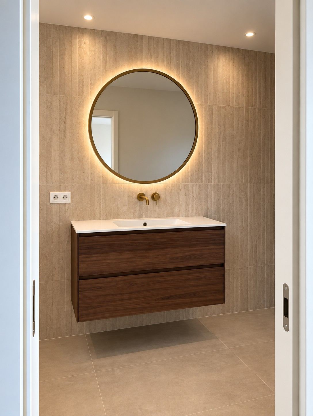 Vasque suspendue en noyer, miroir rond, mur en pierre veinée toute hauteur.